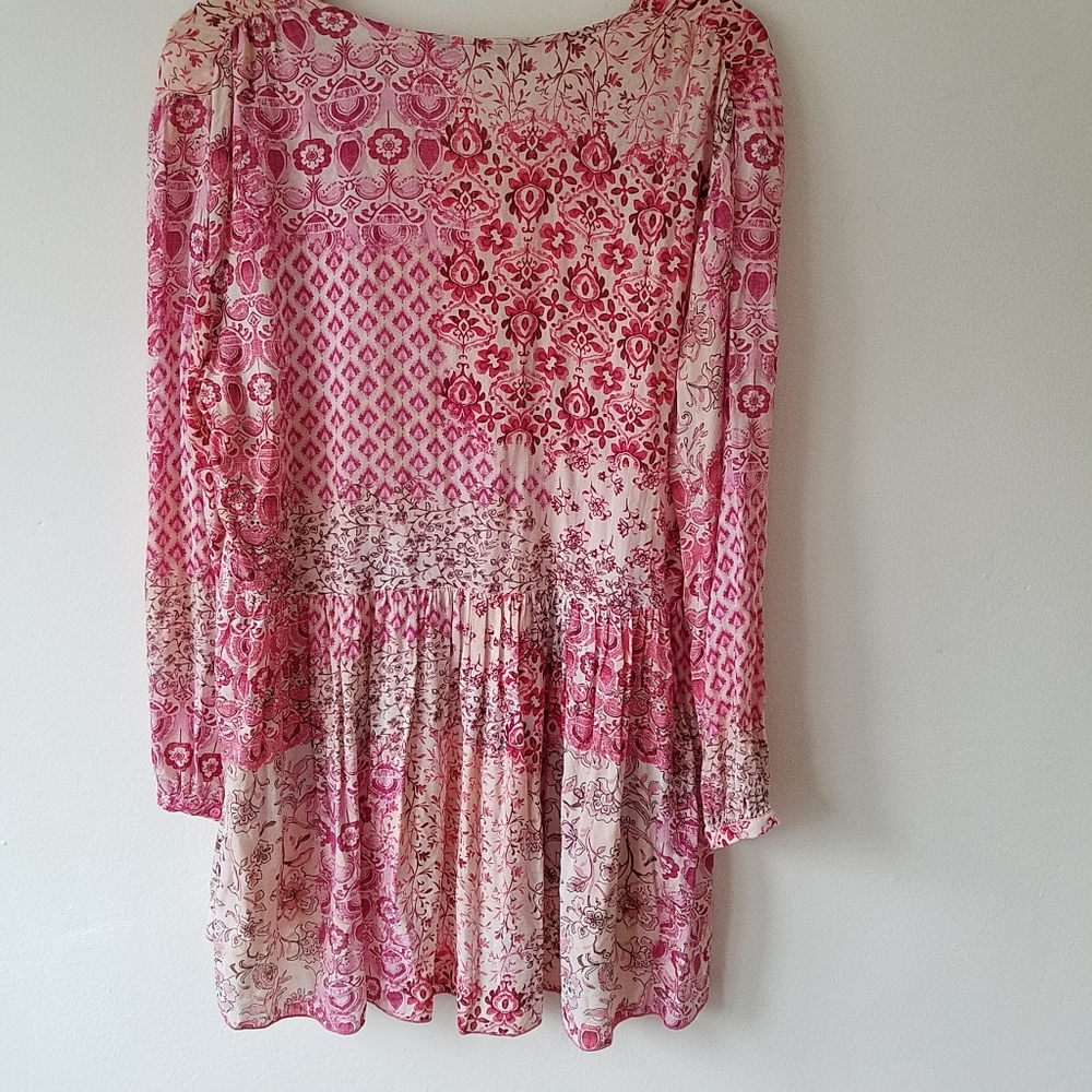 Zara Pink Floral V- Neck Tassel Boho Oversize Tunic Mini Dress Size Medium - Picture 8 of 13